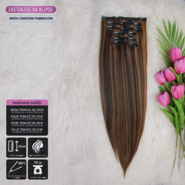 Smeđa sa bakrenim pramenovima │ Ravne │ 60cm │ ekstenzije na klipse