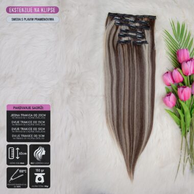 Smeđa s plavim pramenovima│ Ravna│60cm│ Ekstenzije na klipse