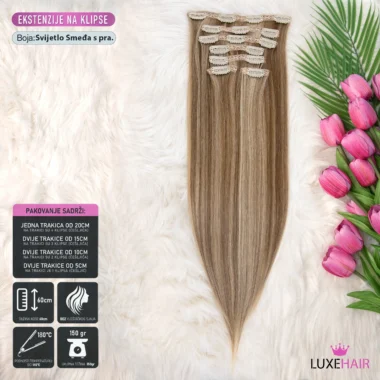 Svijetlo smeđa s pramenovima │ Ravna │ 60cm  │Ekstenzije na klipse