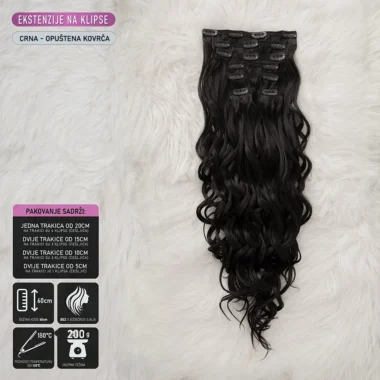 Crna │Opuštena kovrča │65cm │Ekstenzije na klipse