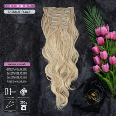 Srednje plava / Šampanjac │Opuštena kovrča │65cm │Ekstenzije na klipse